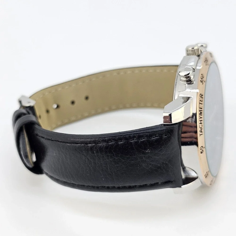 48MM Men's Analog Watch Black Dial Black Faux Leather Bands New‎ Battery